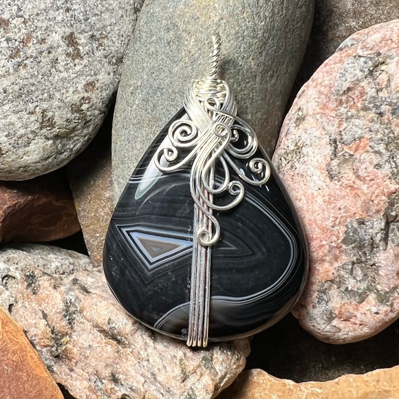 Hand Crafted Jewelry - Banded black onyx wire wrapped pendant (A-1)